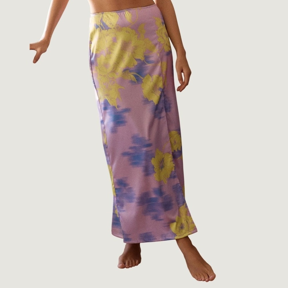 LyreBird Purple Floral Satin Maxi Skirt Yellow Blue Botanical Slit Large NEW